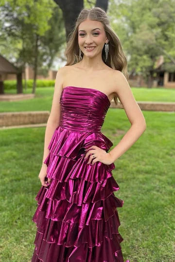 A-Line Strapless Empire Tiered Party Prom Dress